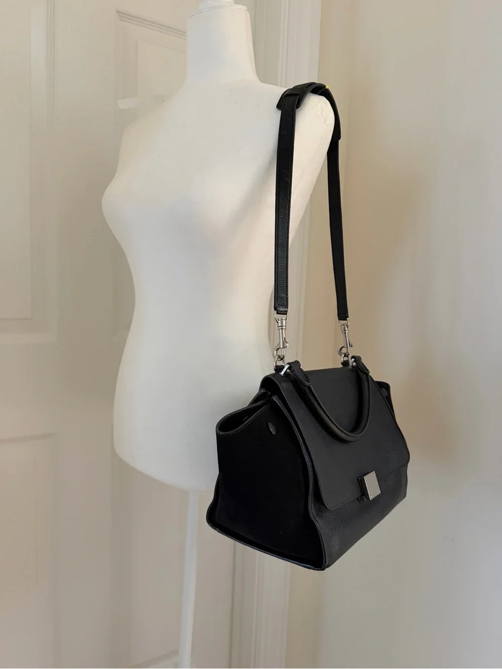 Authentic CELINE Small Trapeze Black Leather Suede Handbag